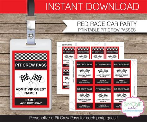 Pit Crew Pass Template Printable Race Car Theme Birthday Party