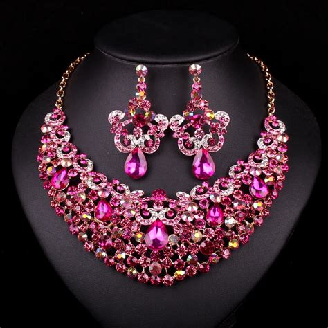 Fashion Gold Color Pink Rhinestone Necklace Earring Bridal Jewelry Sets