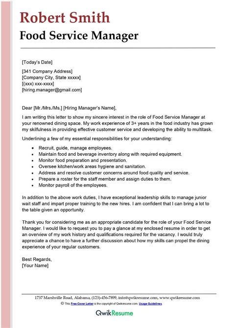 Food Service Manager Cover Letter Examples Qwikresume