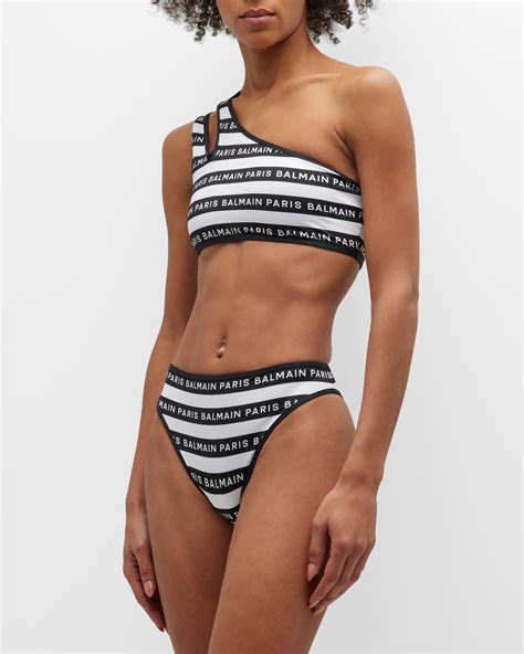 Balmain Iconic Stripes One Shoulder Two Piece Bikini Set Editorialist