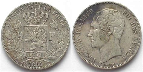 BELGIEN 5 Francs 1851 ohne Pkt über Datum Pos A LEOPOLD I Silber ss