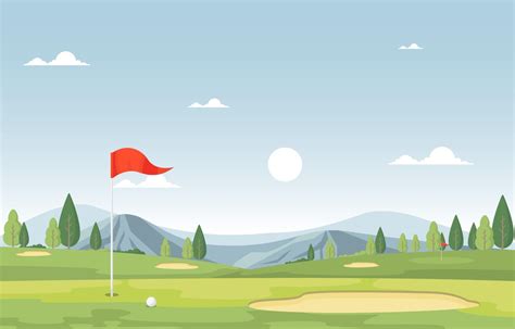 Golf Course With Red Flag Trees And Mountains 2040441 Vector Art At