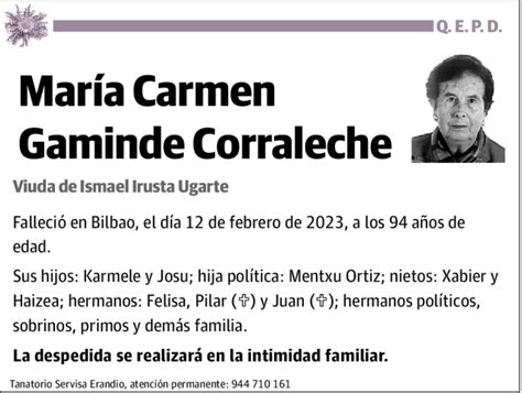 Mar A Carmen Gaminde Corraleche Esquela Necrol Gica El Correo