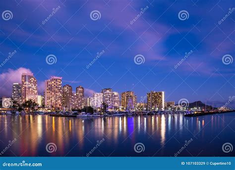 Waikiki beach at night stock image. Image of boat, oahu - 107103329