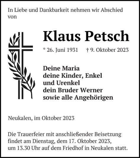 Traueranzeigen Von Klaus Petsch Trauer Nordkurier