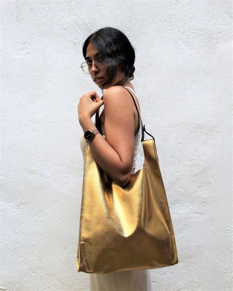 Gold Leather Tote Metallic Leather Bag Golden Tote Bag Gold Leather