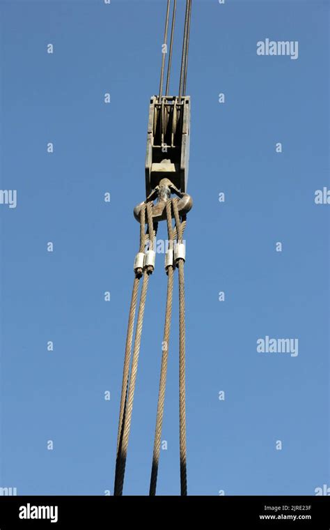 Pulley With Sturdy Steel Cables Stock Photo Alamy