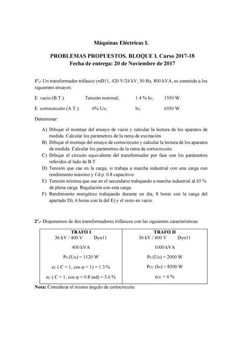 Problemas Propuestos Bloque I Transformadores Curso 2017 18 Máquinas