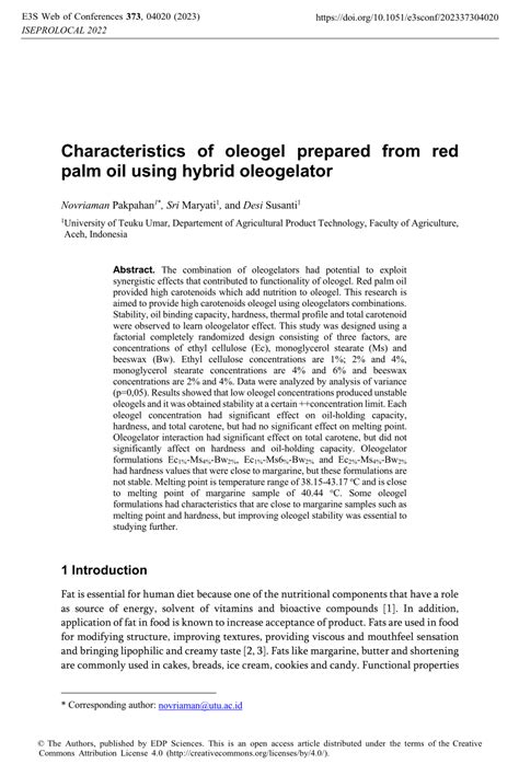 PDF Characteristics Of Oleogel Prepared From Red Palm Oil Using