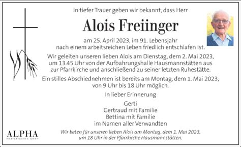 Traueranzeigen Von Alois Freiinger Trauer Kleinezeitung At