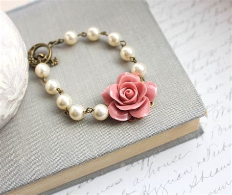 Dusty Pink Rose Bracelet Pearl Bracelet Floral Bridal Bracelet Etsy