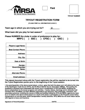 Fillable Online Njs Academy Youth Soccer Tryouts Registration Form Nj