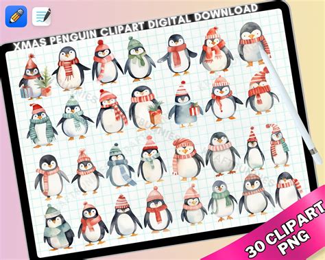 Watercolor Cute Kawaii Christmas Penguin Digital Clipart Etsy