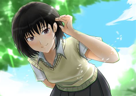 Safebooru 1girl Adjusting Hair Amagami Bangs Bent Over Black Hair Black Skirt Blue Sky Blurry