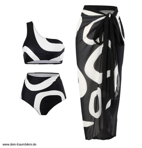 Bikinis nach Farben Retro Style One Shoulder Bikini in Schwarz Weiß mit Rock im Set
