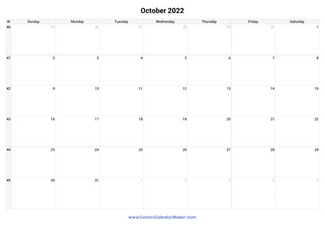 October 2022 Printable Calendar With Week Numbers