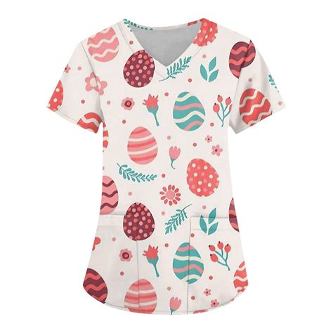 Taymeis Easter Day Scrubs Top For Women Easter Bunny Egg Print Tshirts