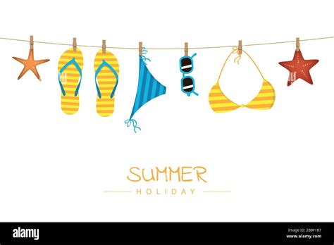 Summer Holiday Striped Flip Flops Bikini And Sunglasses Hang On A Rope Vector Illustration EPS10