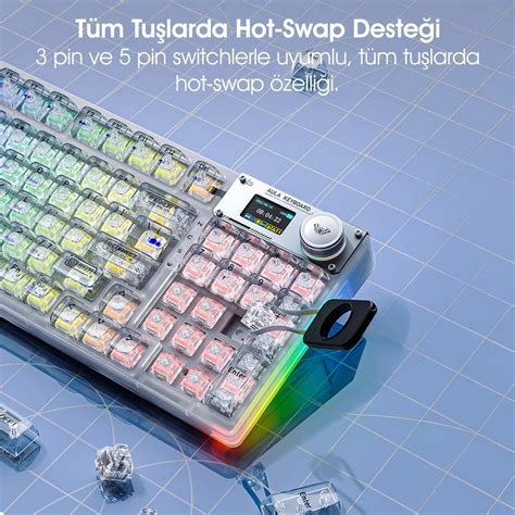 AULA F98 PRO OLED Ekranlı Makrolu Kablosuz RGB Hot Swap Gasket Pre Lubed Switch Mekanik Klavye