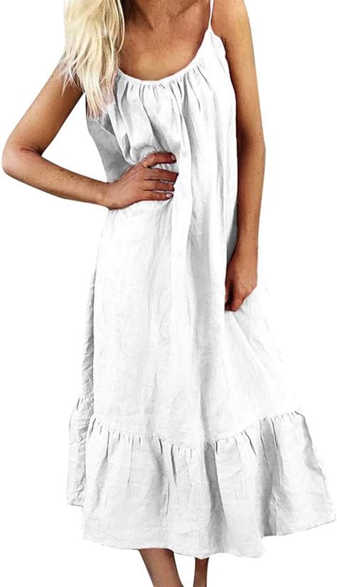 Womens Spaghetti Strap Dresses Summer Linen Sleeveless Ruffle Hem