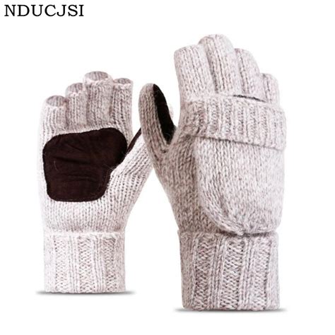 Nducjsi Winter Warm Exposed Finger Mittens Knitted Warm Flip Half