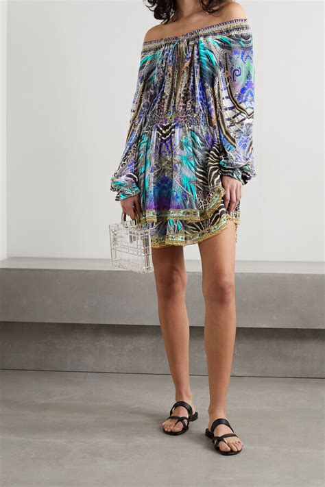 Camilla Off The Shoulder Crystal Embellished Printed Silk Chiffon Mini