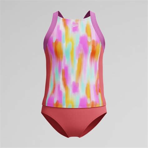 Girls Print Blocked Tankini Set Coral Speedo Usa