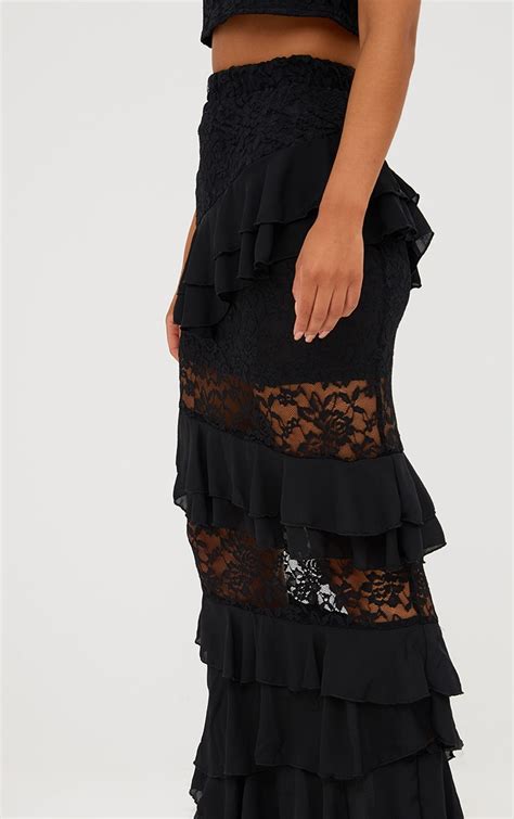 Black Lace Frill Detail Maxi Skirt Skirts Prettylittlething