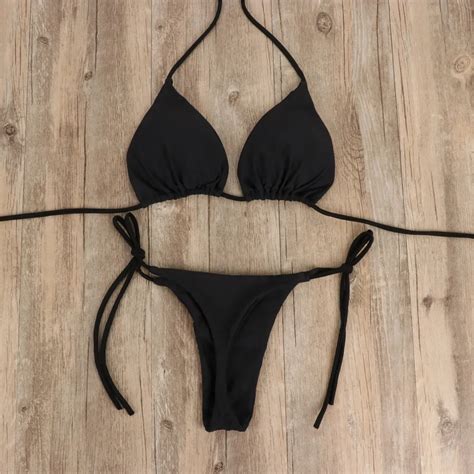Sexy Black Micro Bikini Set Thong Swimsuit Women Push Up Swimwear Strapped Summer Beachwear