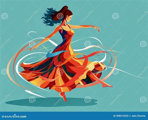 On A Turquoise Background A Dancing Girl Flat Graphic Design