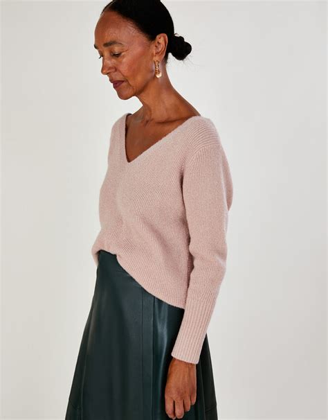 V Back Metallic Twist Jumper With Recycled Polyester Pink