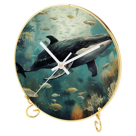 Ownta Whale Pattern Round Printed Wall Clocks With Hooks And Gold Stand