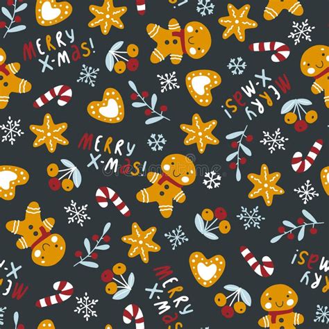 Christmas Pattern With Gingerbread Cookies Vector Hand Drawn Doodle In