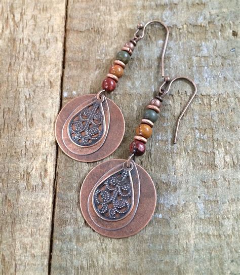 Boho Jasper Earrings Copper Dangle Earrings Red Creek Jasper Jewelry