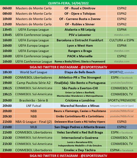 Esportes Na Tv On Twitter A Agenda Esportiva Desta Quinta Feira