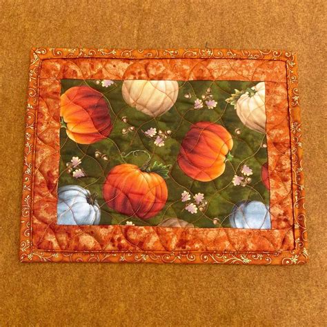 Fall Pumpkins Quilted Mug Mat Handcrafted Fall Snack Mat Green Autumn