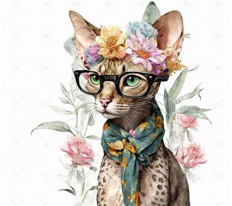 Premium AI Image | A drawing of a cat wearing glasses and a floral ...