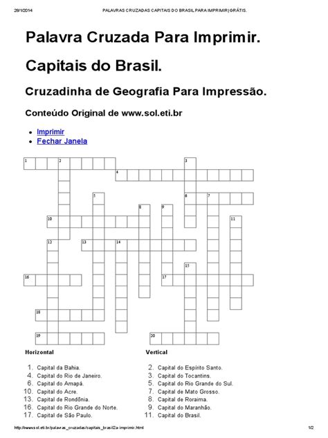 Capital De Gana Palavras Cruzadas - Palavras Cruzadas Capitais Do Brasil (8º Ano) | PDF