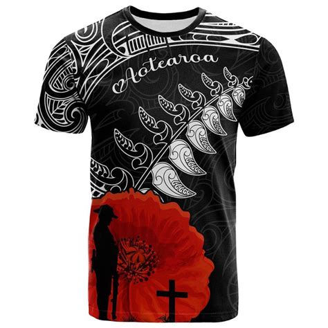 Aio Pride New Zealand Anzac T Shirt Maori Mix Fern Poppy Aio