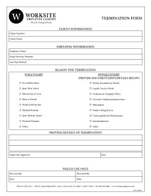 Fillable Online TerminaTion Form Worksite Employee Leasing Fax Email