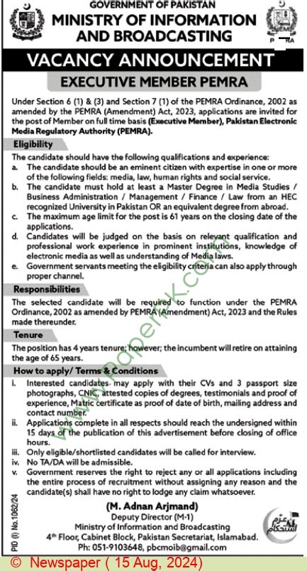 Executive Member Pemra Jobs In Islamabad At Ministry Of Information