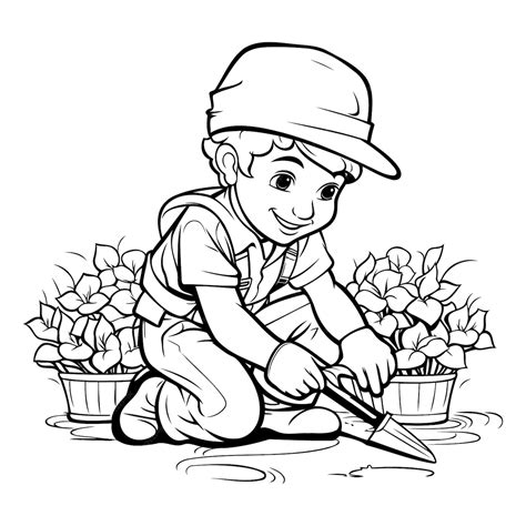 Cute Boy With Gardening Tools Black And White Vector Illustration For