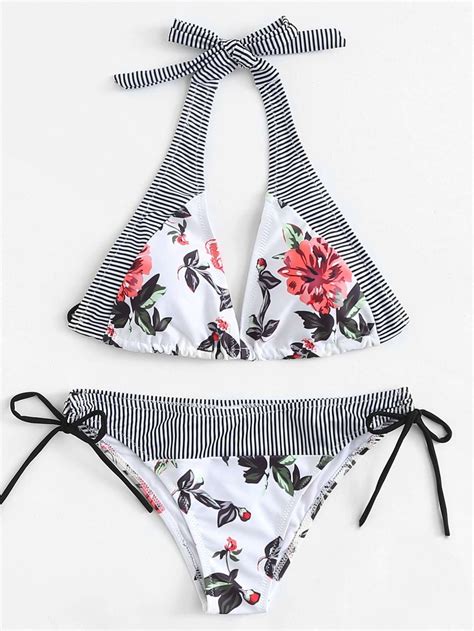 Flower And Striped Bikini Set Sheinsheinside