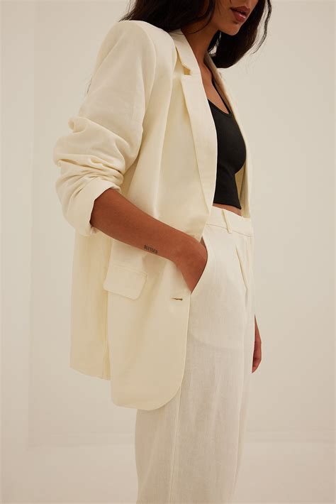 Linen Blend Oversized Blazer White Na