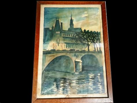 AQUARELLE signée PER ORTA PARIS LA SEINE AU PONT NOTRE DAME AU CLAIR