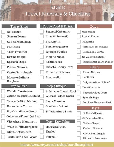 ROME Travel Checklist & Travel Itinerary Printable Travel | Etsy