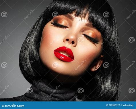 Beautiful Brunette Girl With Red Lips And Black Bob Hairstyle Pretty Young Woman With Closed