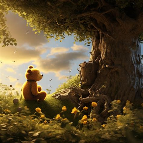 Premium Ai Image Winnie The Pooh Sitting Under A Tree In A Field Of