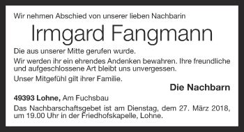 Traueranzeigen Von Irmgard Fangmann Om Trauer De