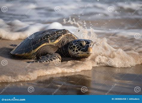 Sea Turtle Climbing Out Of The Water And Onto Shore To Lay Eggs Stock